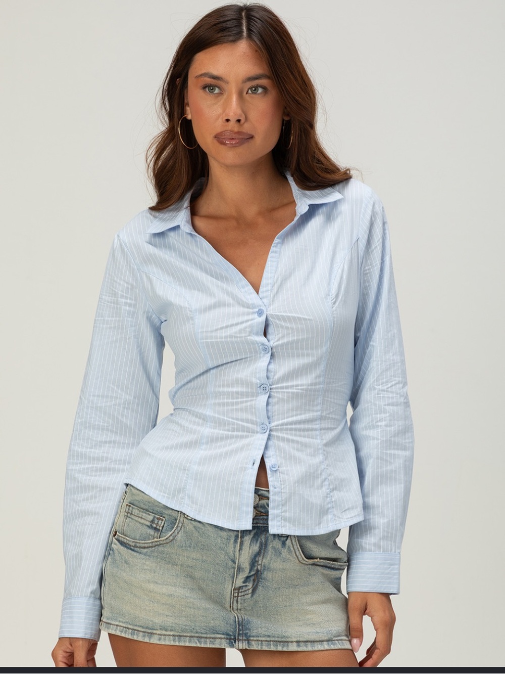RSQ Light Blue Pinstriped Women's Button-Down Shirt